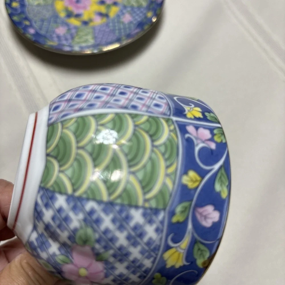 GUMP Botan Imari Tea Cup & Saucer Asian Blue Pink Green Yellow Floral
